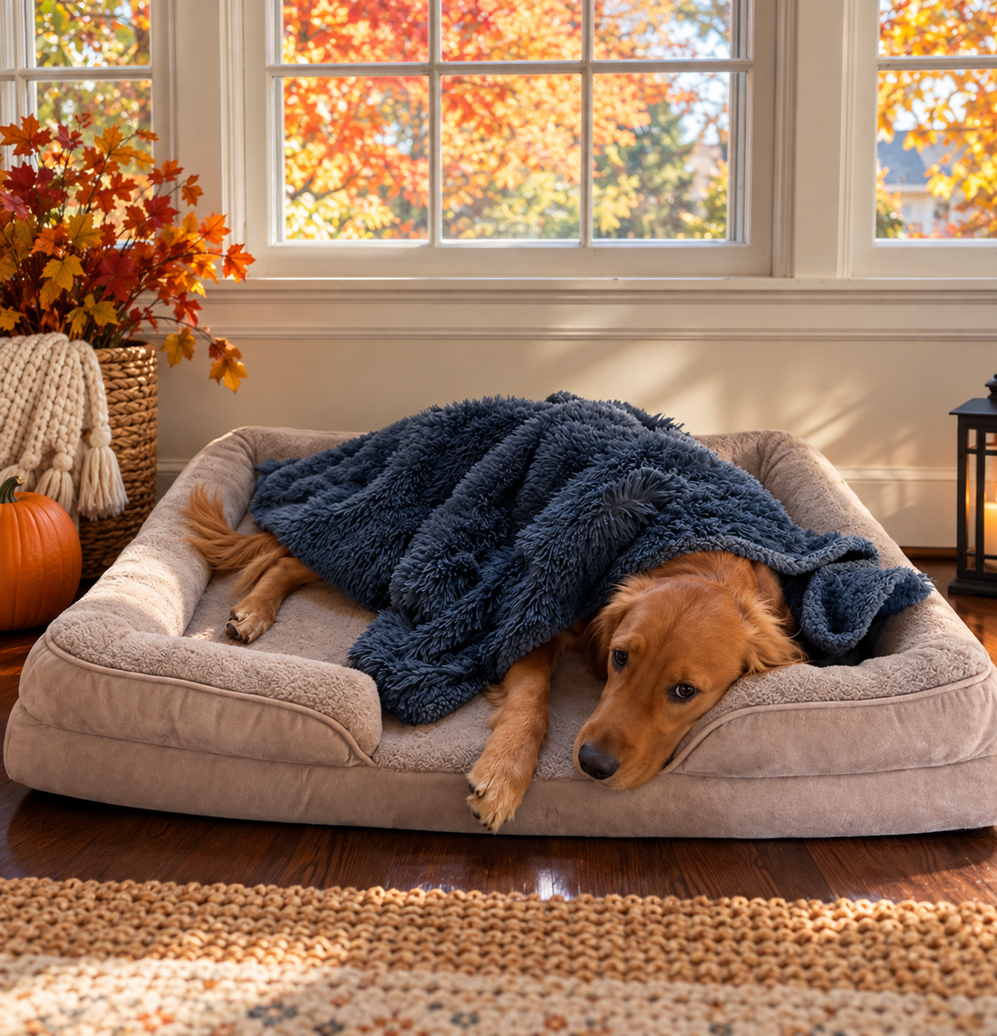 Golden Retriever relaxed in dog bed with plush grey blanket