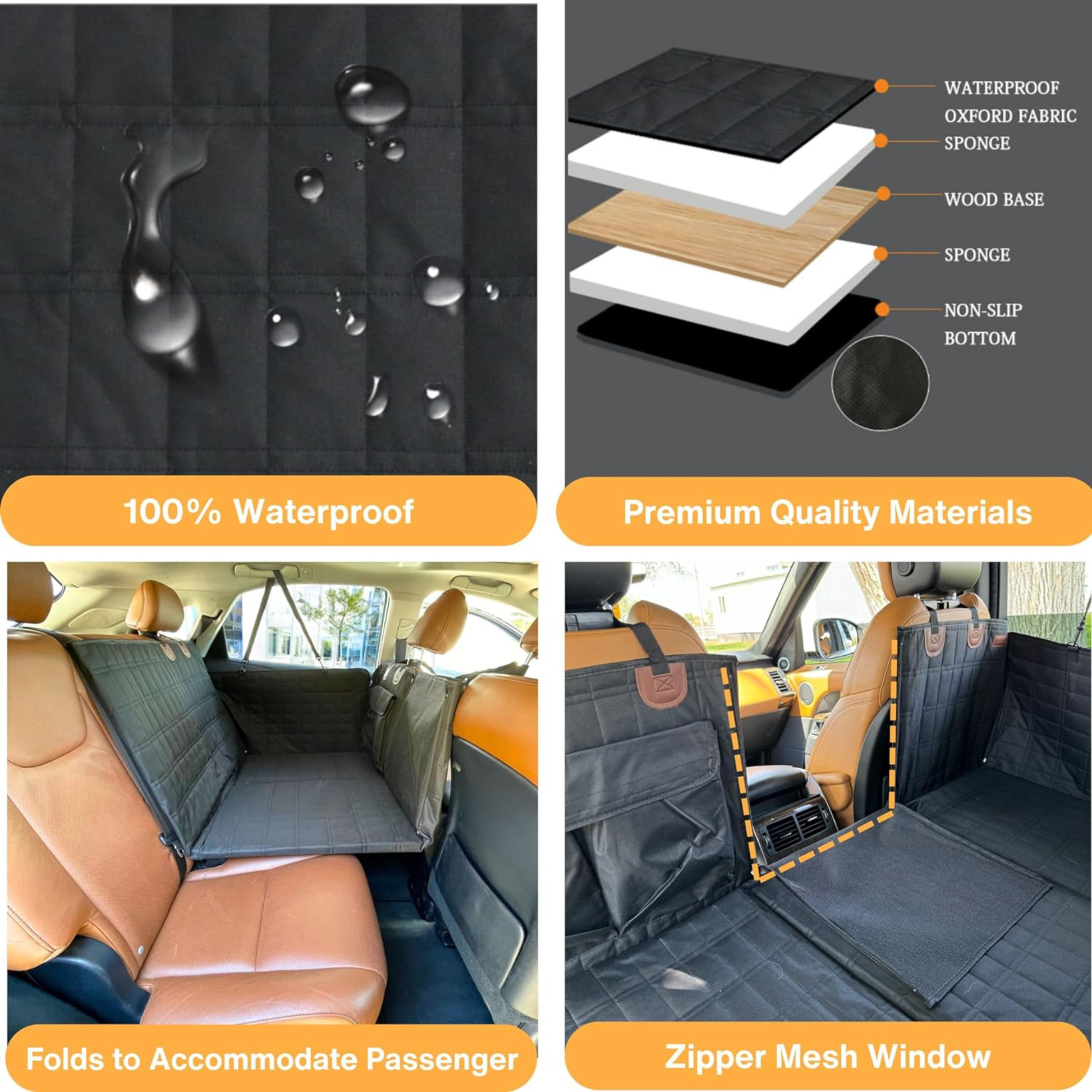 Calming car bed for dogs showing waterproof fabric, wood base support panels, mesh window, and foldable passenger side