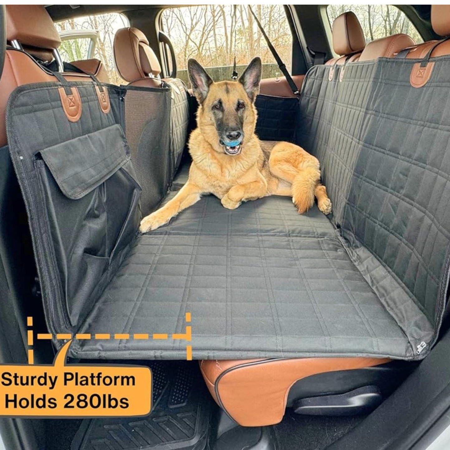 German shepherd lying on calming car bed for dogs showing sturdy platform across vehicle back seat