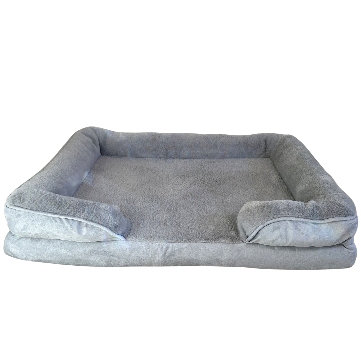 Dove grey orthopedic calming dog bed with supportive bolster sides