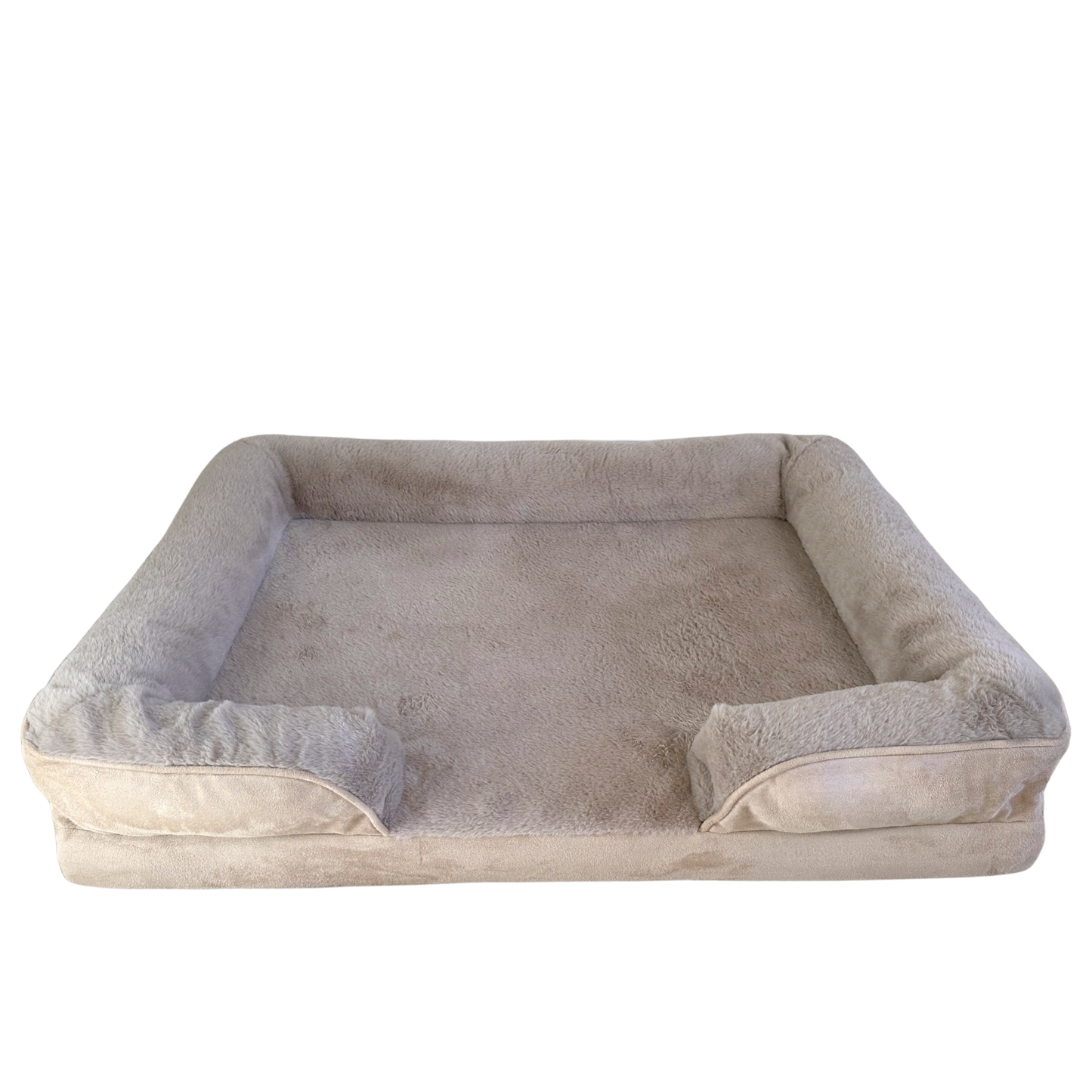 Warm sand orthopedic calming dog bed with plush vegan fur surface